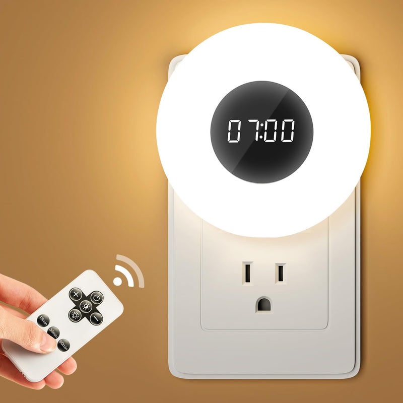 Onefire 【2 Pack】 Bathroom Clock,10 Levels Dimmable+3 Light Colors+Remote Shower Clock+Bathroom Shower Timer, 90 Lumen Shower Lights, Aora Night Light, Small Clock Plug in Timer, Dimmable Night Light - Image 1